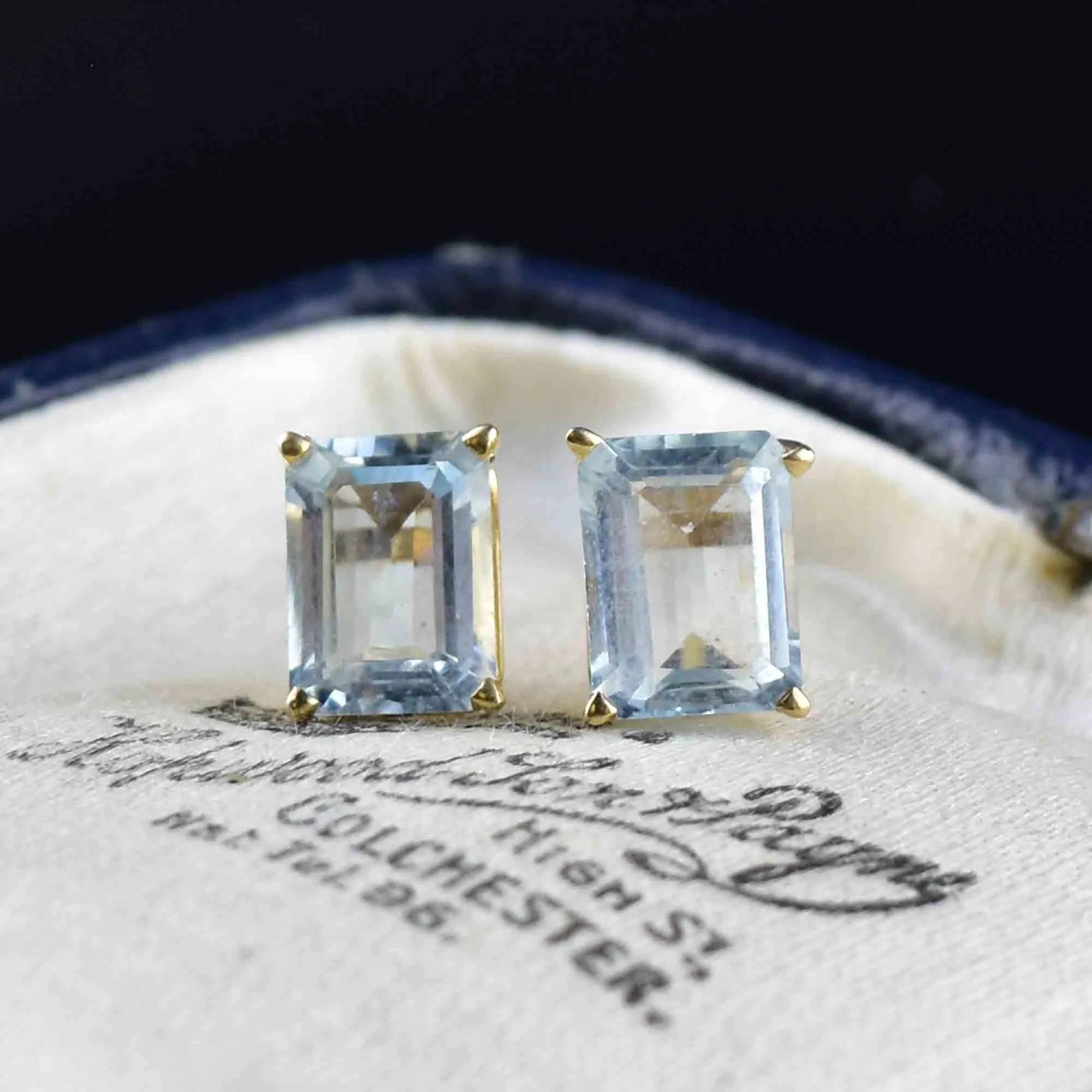 14K Gold Emerald Step Cut Blue Topaz Stud Earrings