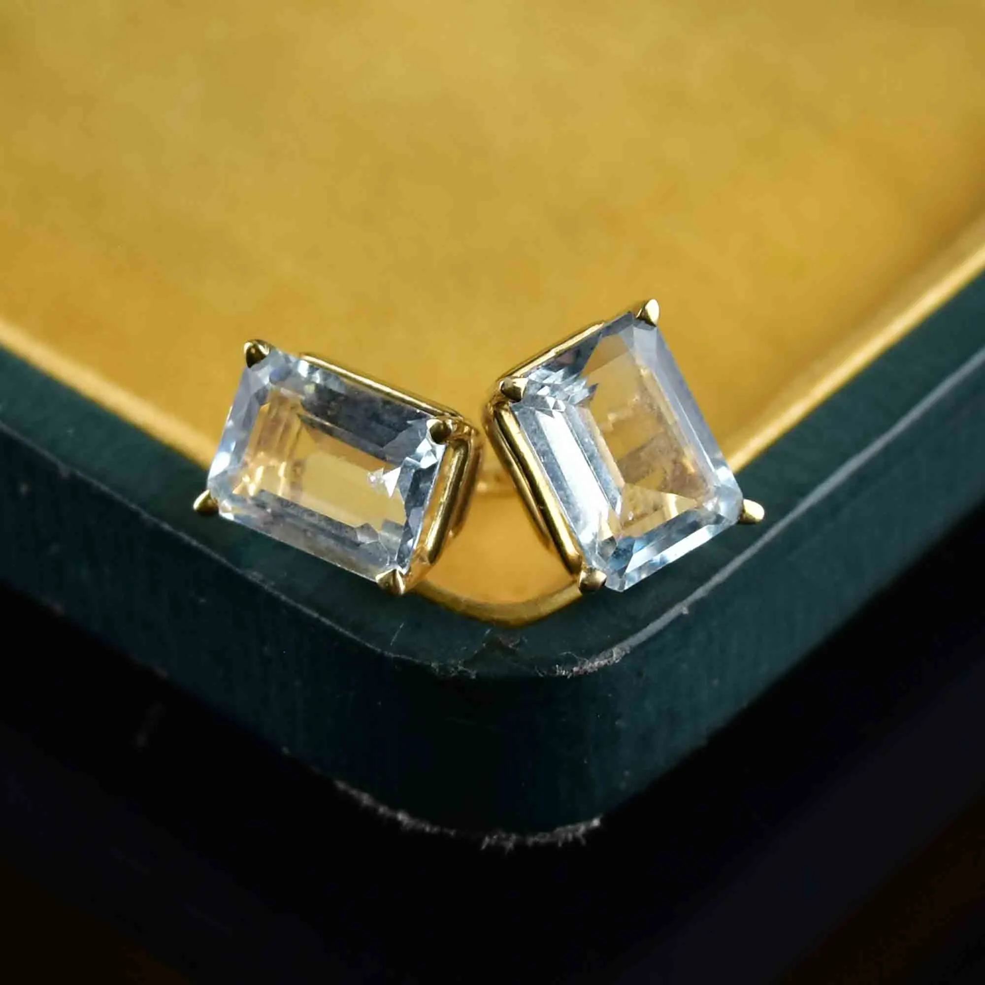 14K Gold Emerald Step Cut Blue Topaz Stud Earrings