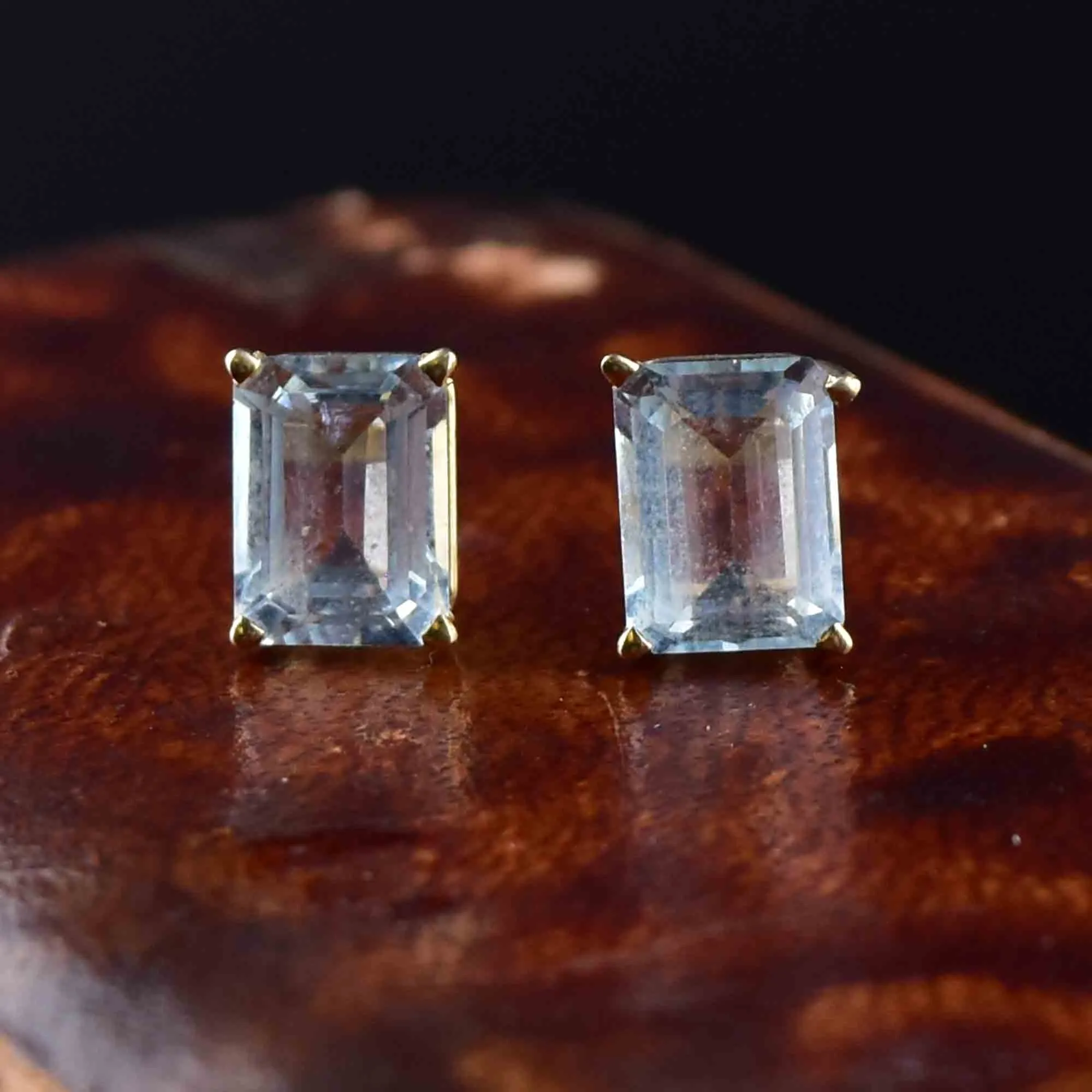 14K Gold Emerald Step Cut Blue Topaz Stud Earrings