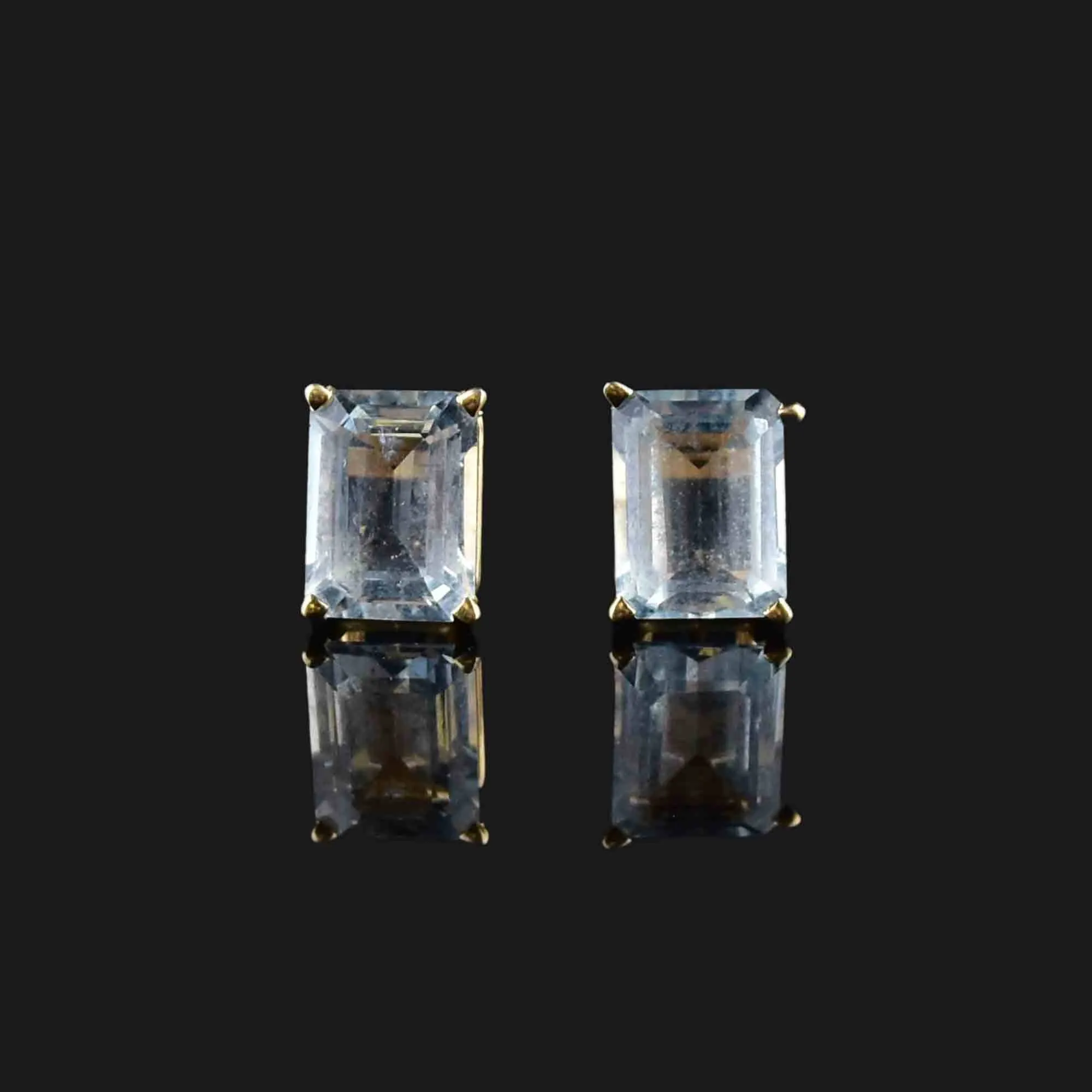 14K Gold Emerald Step Cut Blue Topaz Stud Earrings