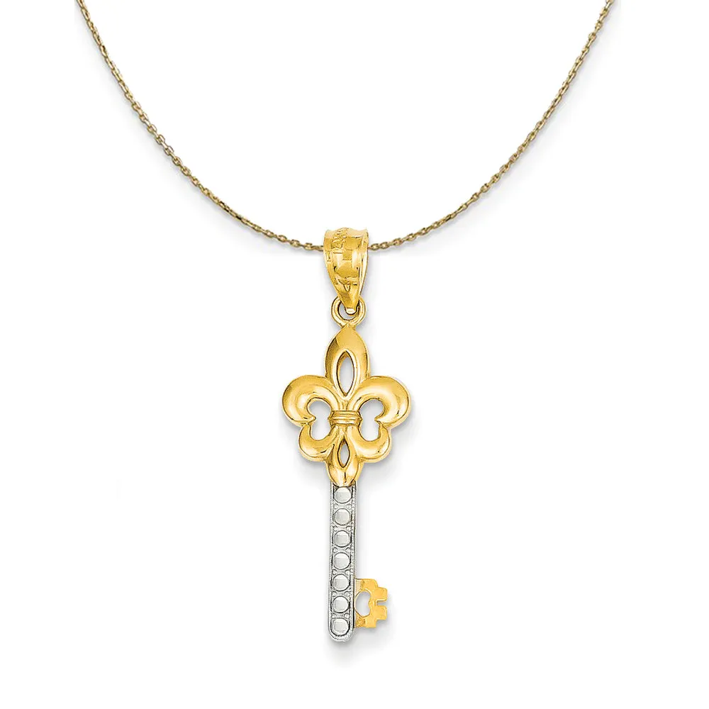 14k Yellow Gold and Rhodium Plated Fleur De Lis Key Necklace