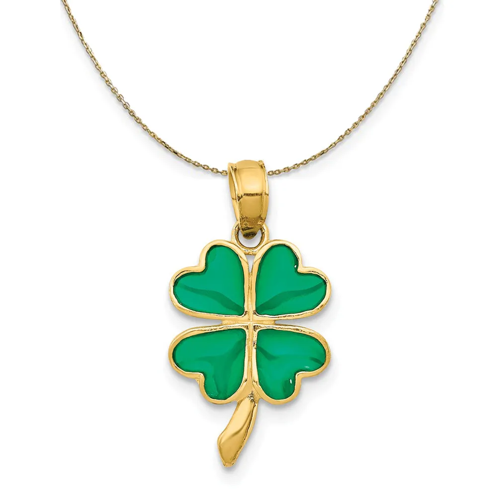 14k Yellow Gold Clear Acrylic 4 Leaf Clover, 10mm Necklace