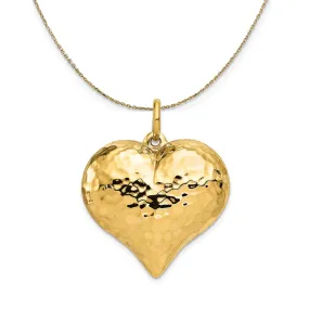 14k Yellow Gold Hollow Hammered Puffed Heart Necklace