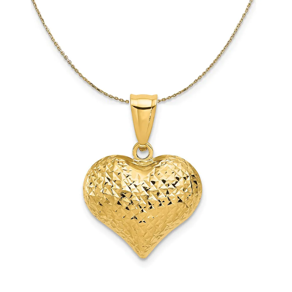 14k Yellow Gold Semi Solid Diamond Cut Puffed Heart Necklace