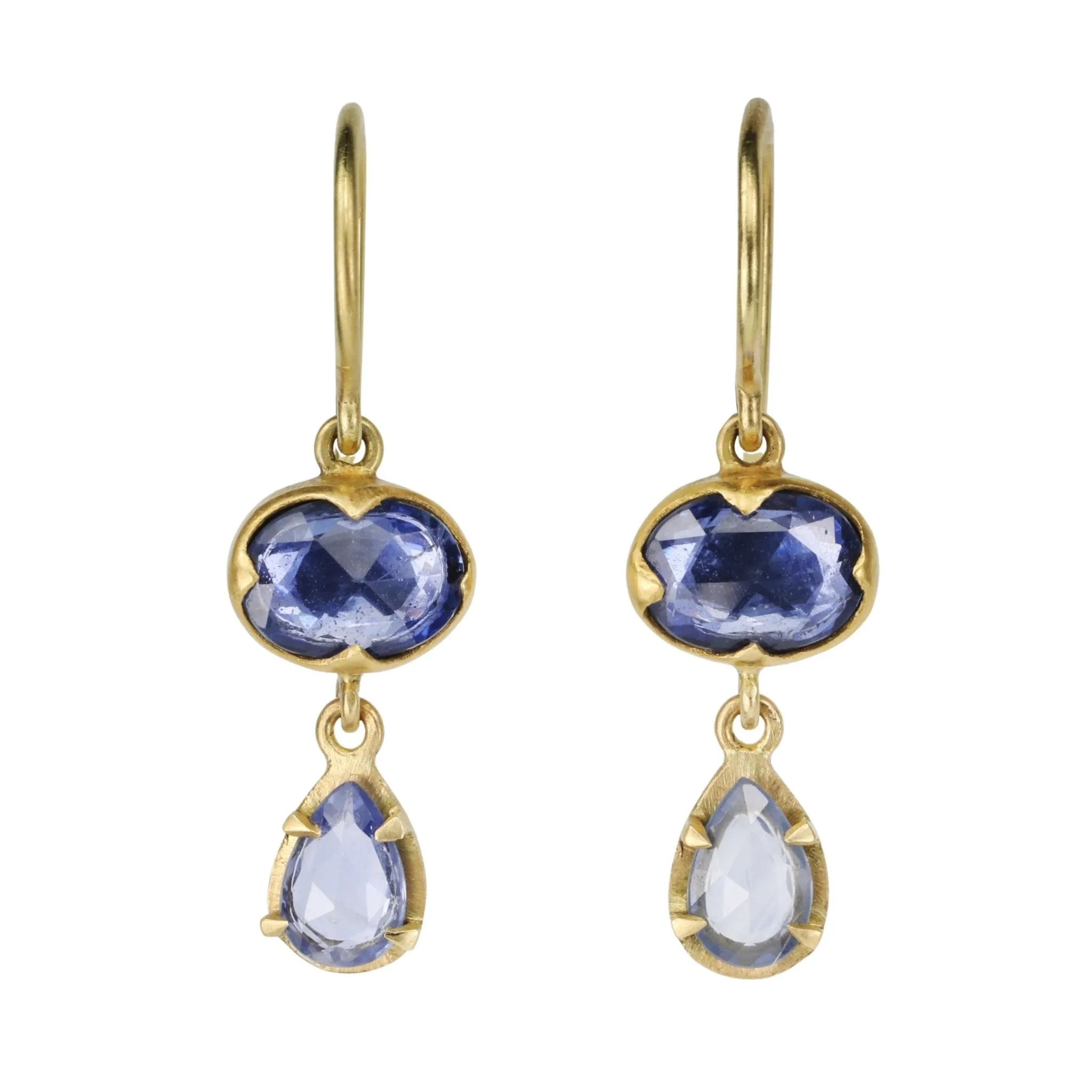 18K Gold Double Drop Earrings with Blue Sapphires