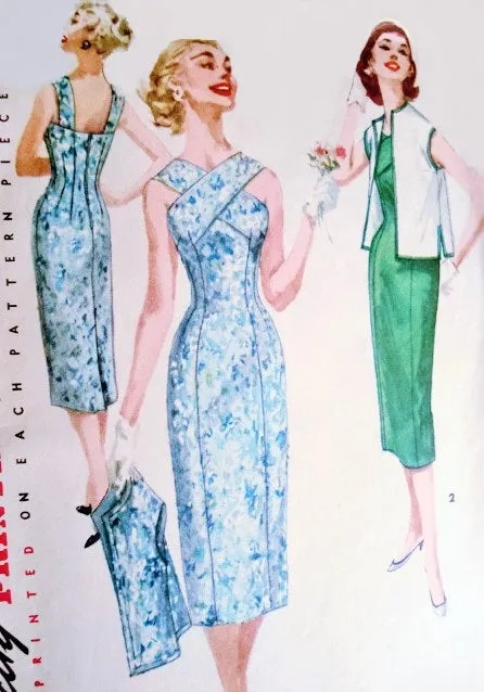 50s BOMBSHELL Cocktail Evening or Day Sun Dress and Jacket Pattern SIMPLICITY 1619 Princess Line Sheath Flirty Criss Cross Front