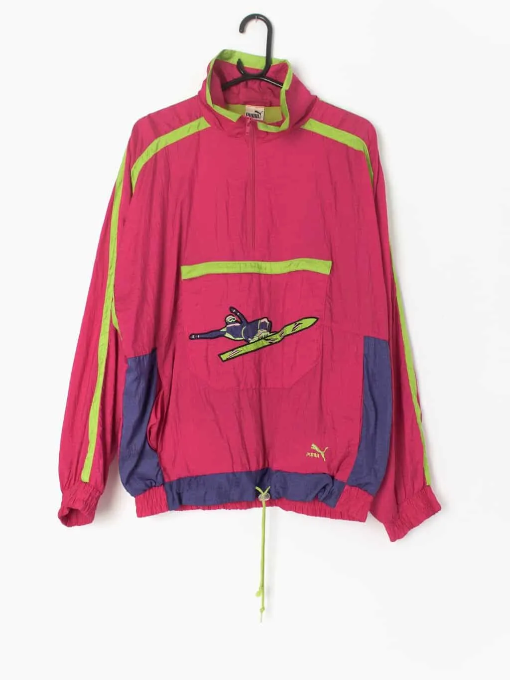 90s vintage Puma shell jacket 1/4 zip ski jacket with skier and lime green details – Large