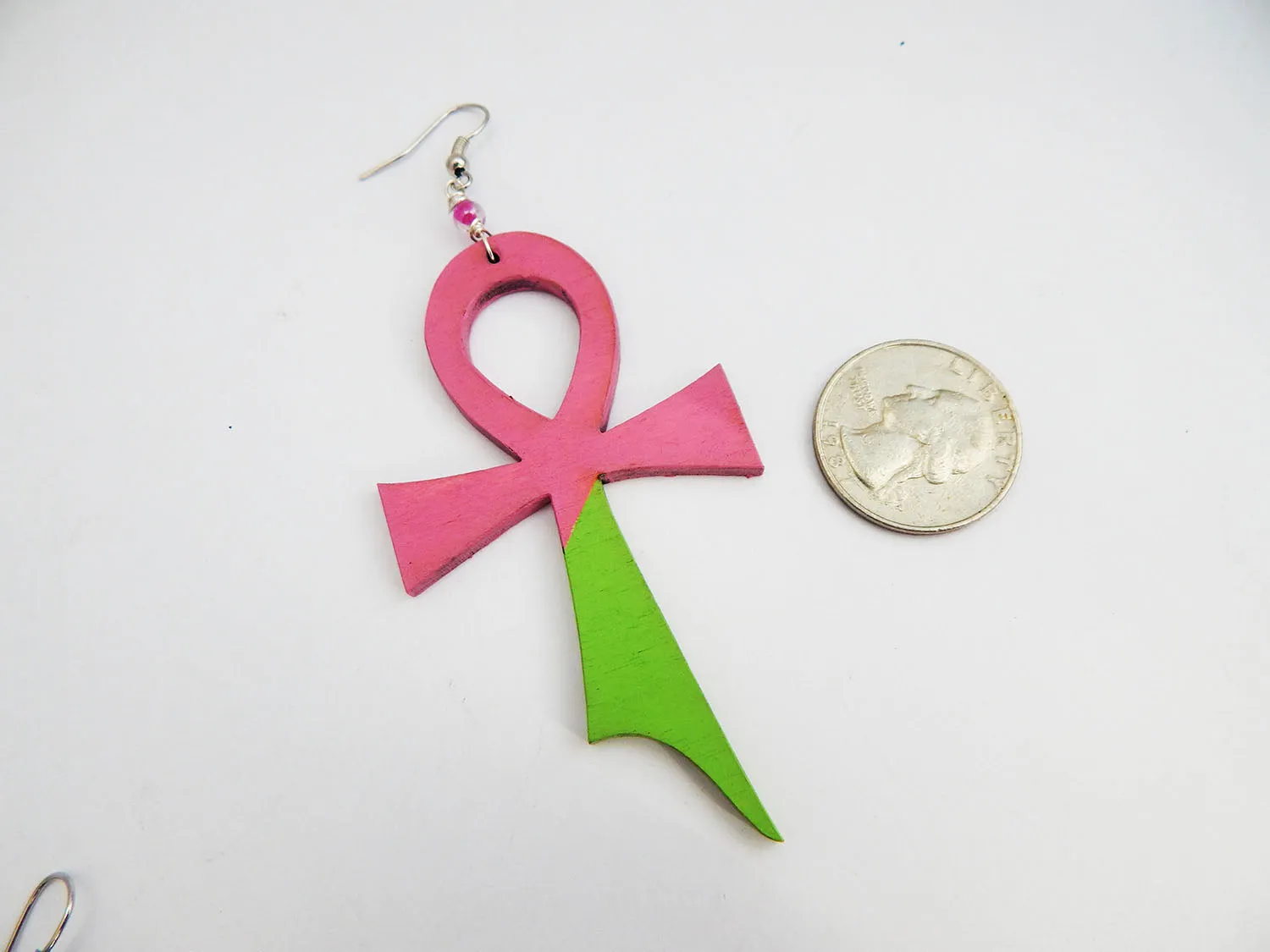 Ankh Earrings Wooden Jewelry Pink Green Hand Painted Handmade