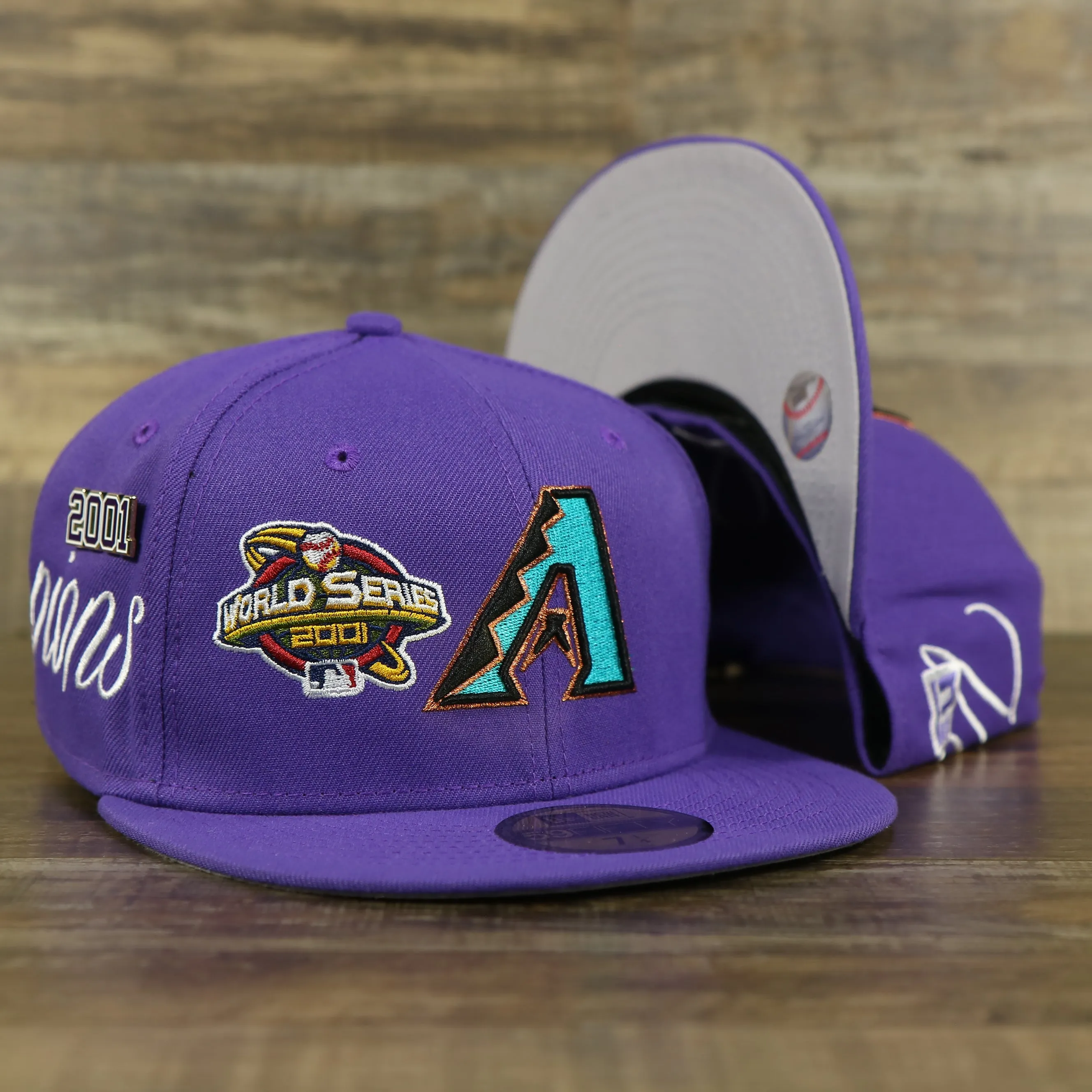 Arizona Diamondbacks Cooperstown All Over Side Patch Historic Champs Gray UV 59Fifty Fitted Cap | Purple 59Fifty Fitted Cap