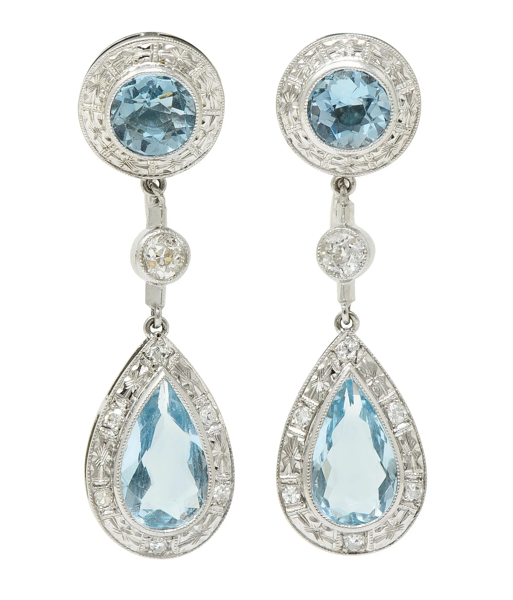 Art Deco Aquamarine Diamond Platinum Drop Screwback Earrings