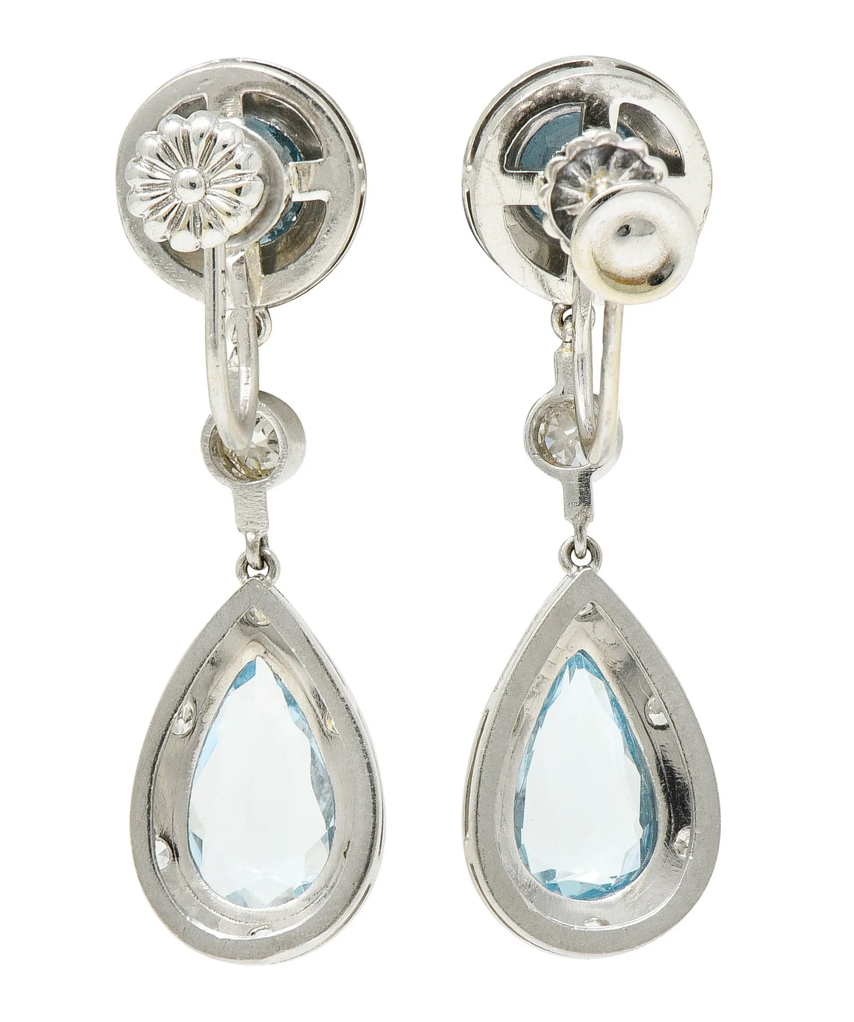 Art Deco Aquamarine Diamond Platinum Drop Screwback Earrings