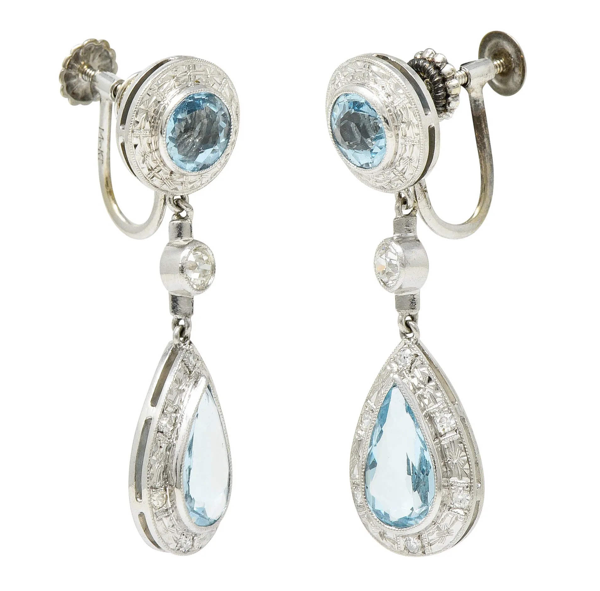 Art Deco Aquamarine Diamond Platinum Drop Screwback Earrings