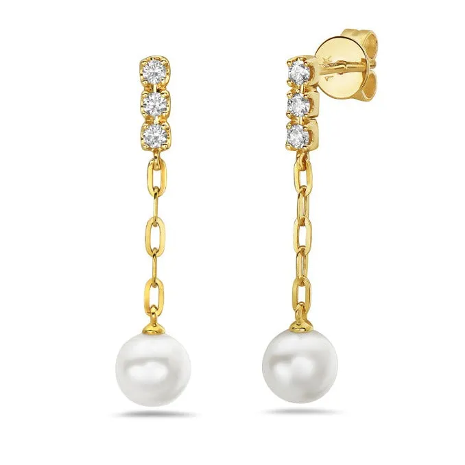 Bassali - 14K Yellow Gold Pearl and Diamond Dangle Earrings