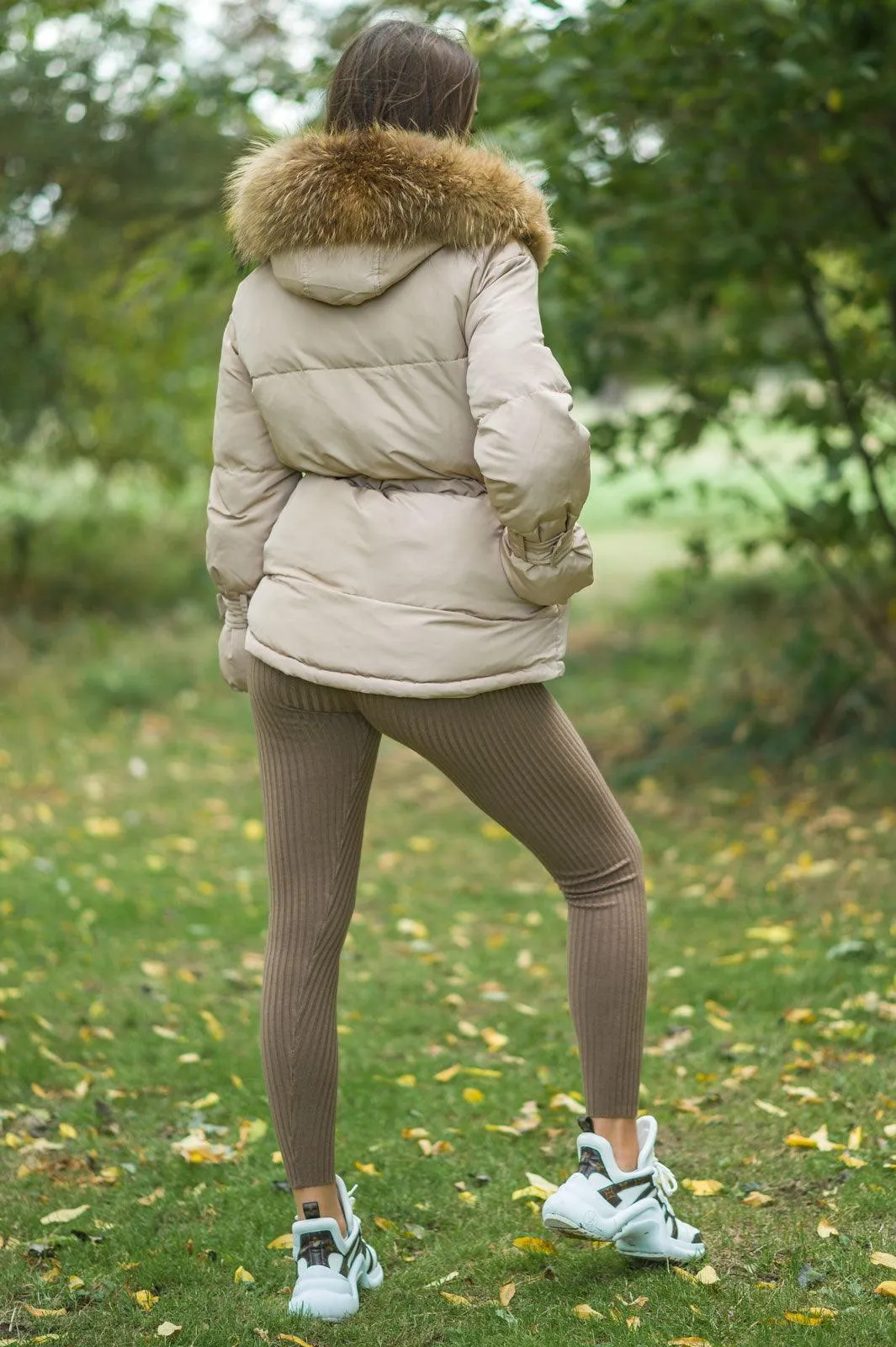 Beige Drawstring Luxury Fur Padded Belted Coat