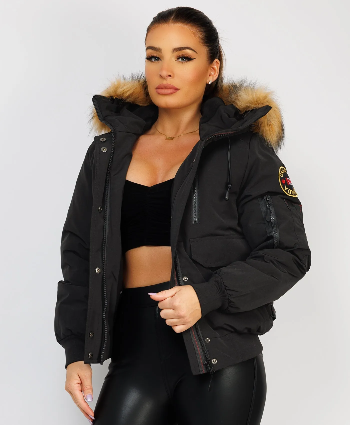 Black Canada Bomber Jacket With Fur Hood