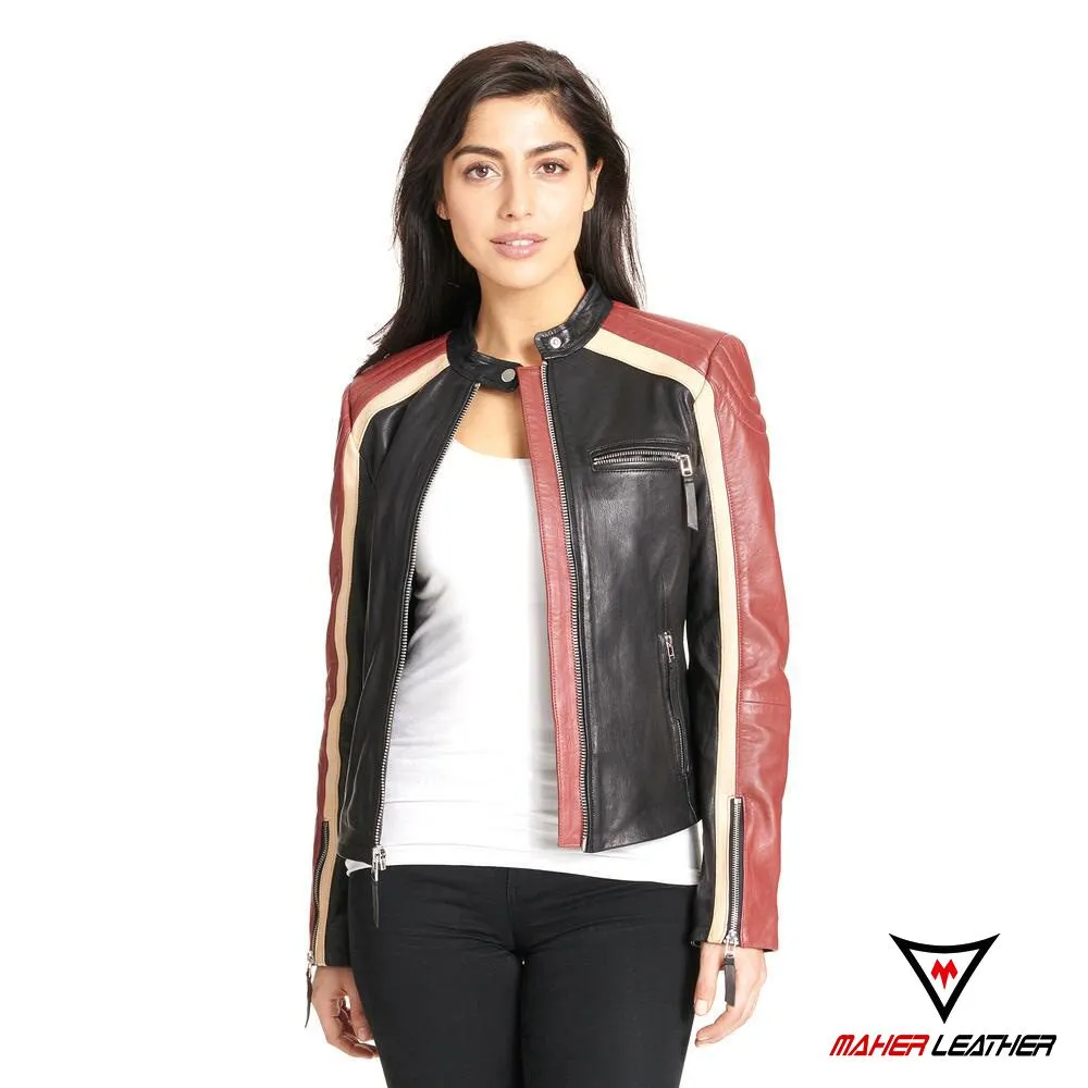 Black leather jacket with white stripes on sleeves