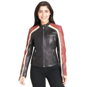 Black leather jacket with white stripes on sleeves