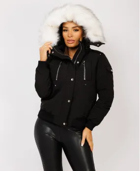 Black White Faux Fur Hood Canada Bomber Jacket