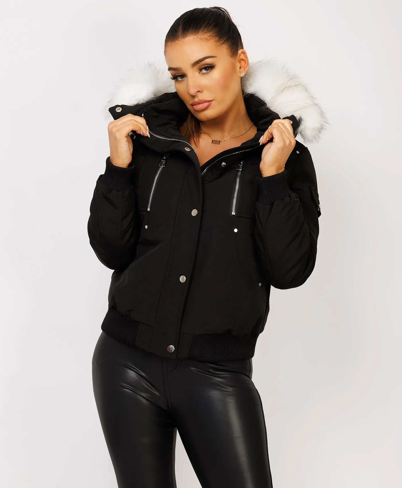 Black White Faux Fur Hood Canada Bomber Jacket