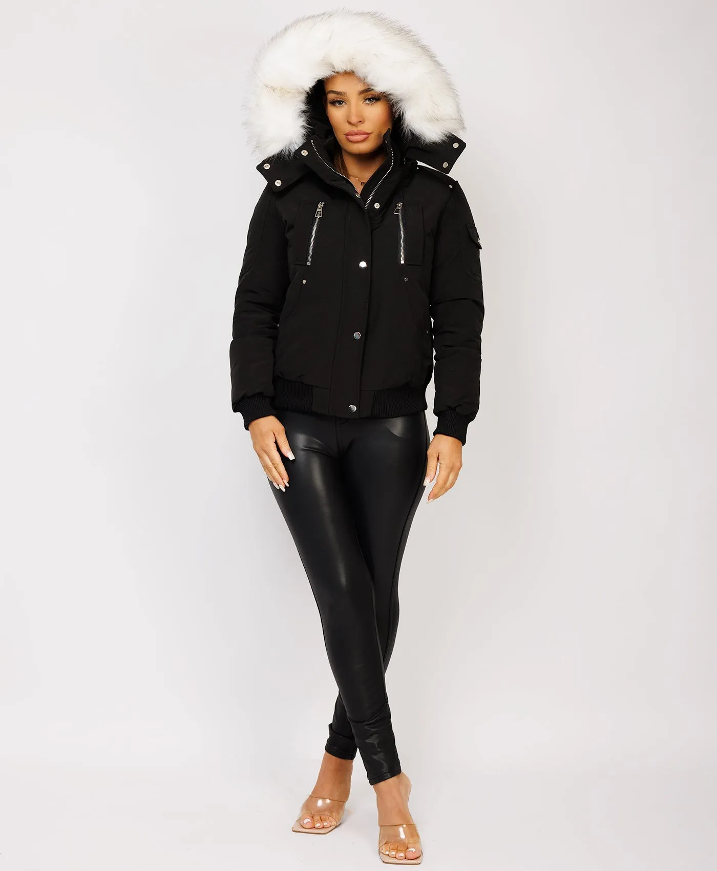 Black White Faux Fur Hood Canada Bomber Jacket