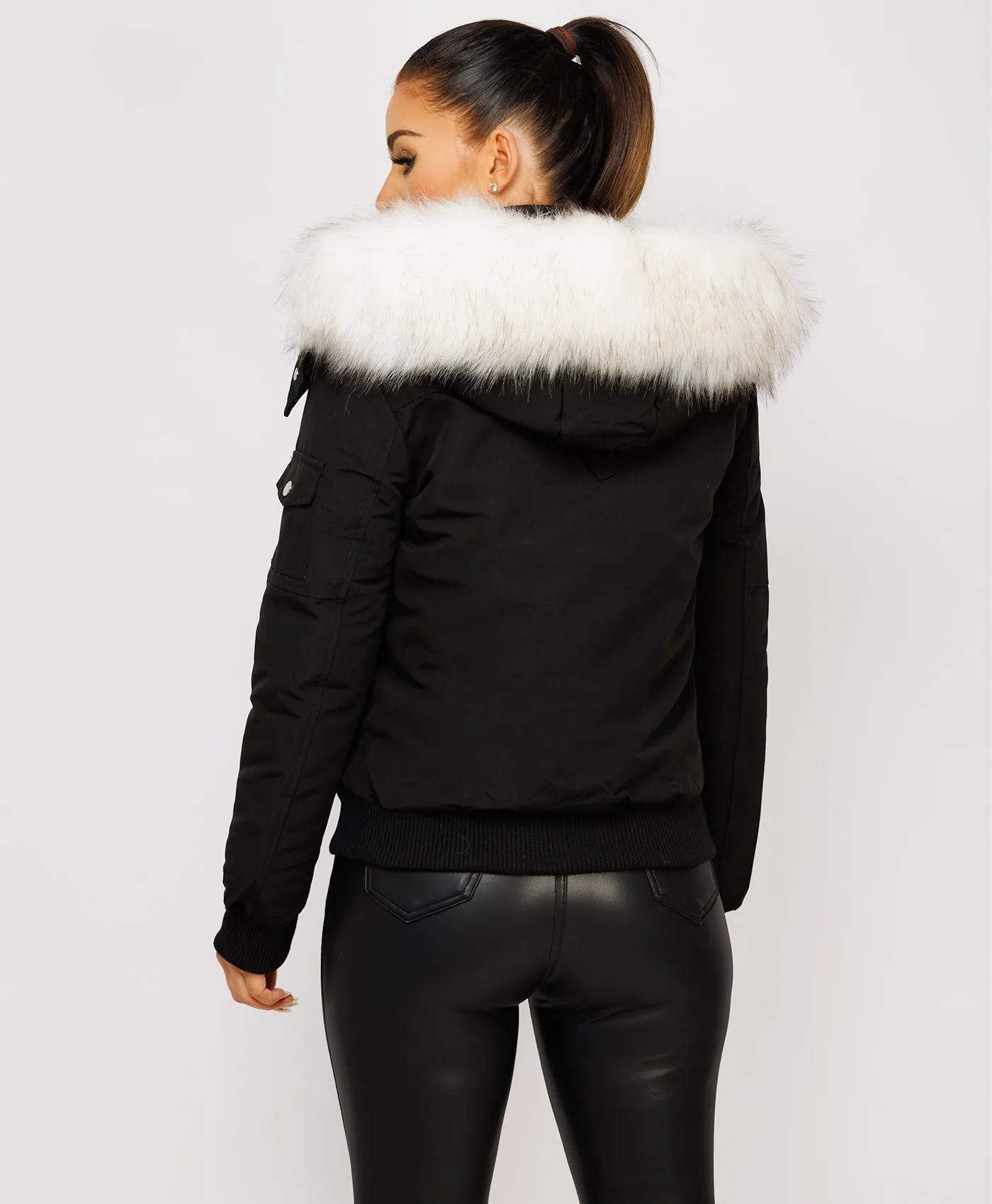 Black White Faux Fur Hood Canada Bomber Jacket