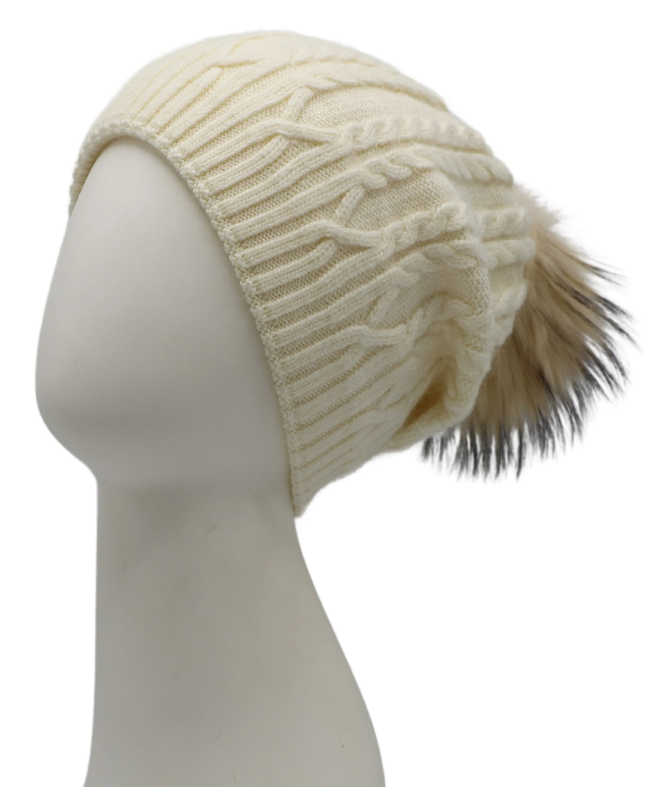 Cable Knit Slouch Hat w/ Fur Pom