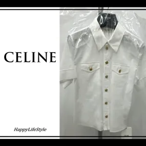 CELINE  |Casual Style Plain Cotton Short Sleeves Office Style