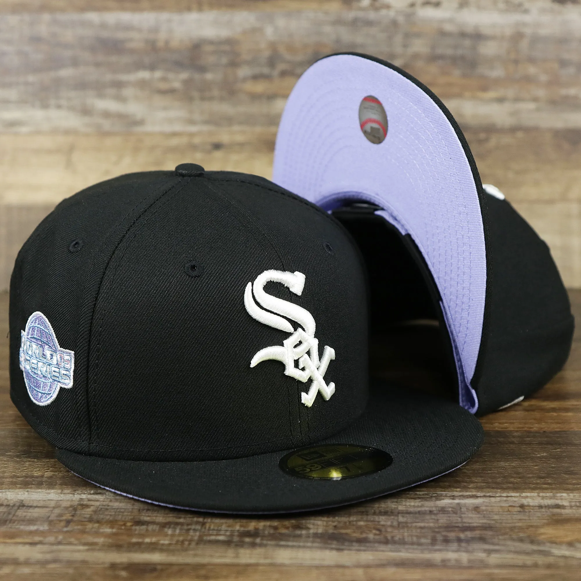 Chicago White Sox Pop Sweat Pastel World Series Side Patch Fitted Cap With Purple Undervisor | Black 59Fifty Cap