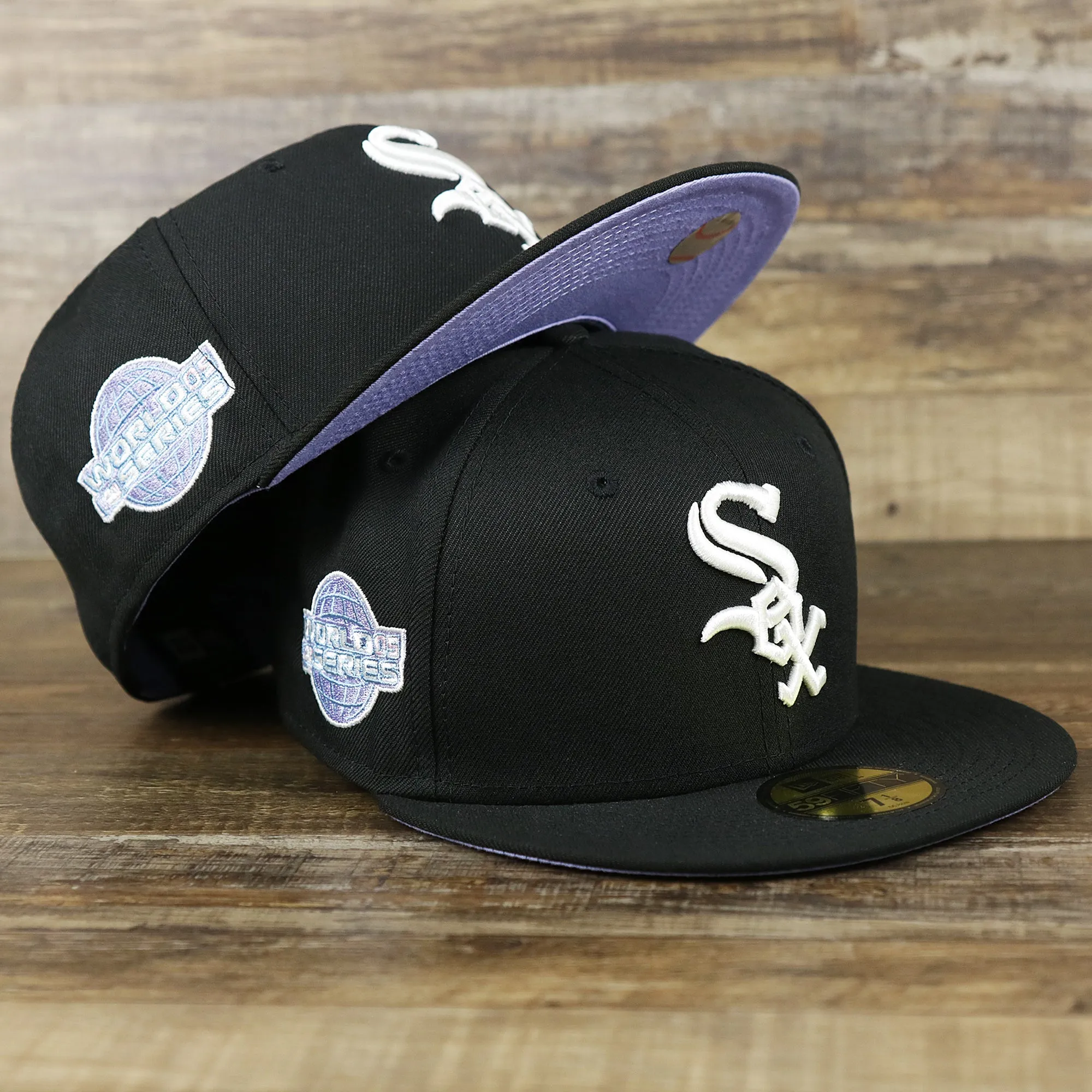 Chicago White Sox Pop Sweat Pastel World Series Side Patch Fitted Cap With Purple Undervisor | Black 59Fifty Cap