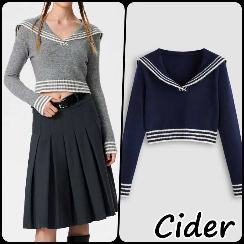 Cider  |Stripes Casual Style V-Neck Long Sleeves Cropped Tops