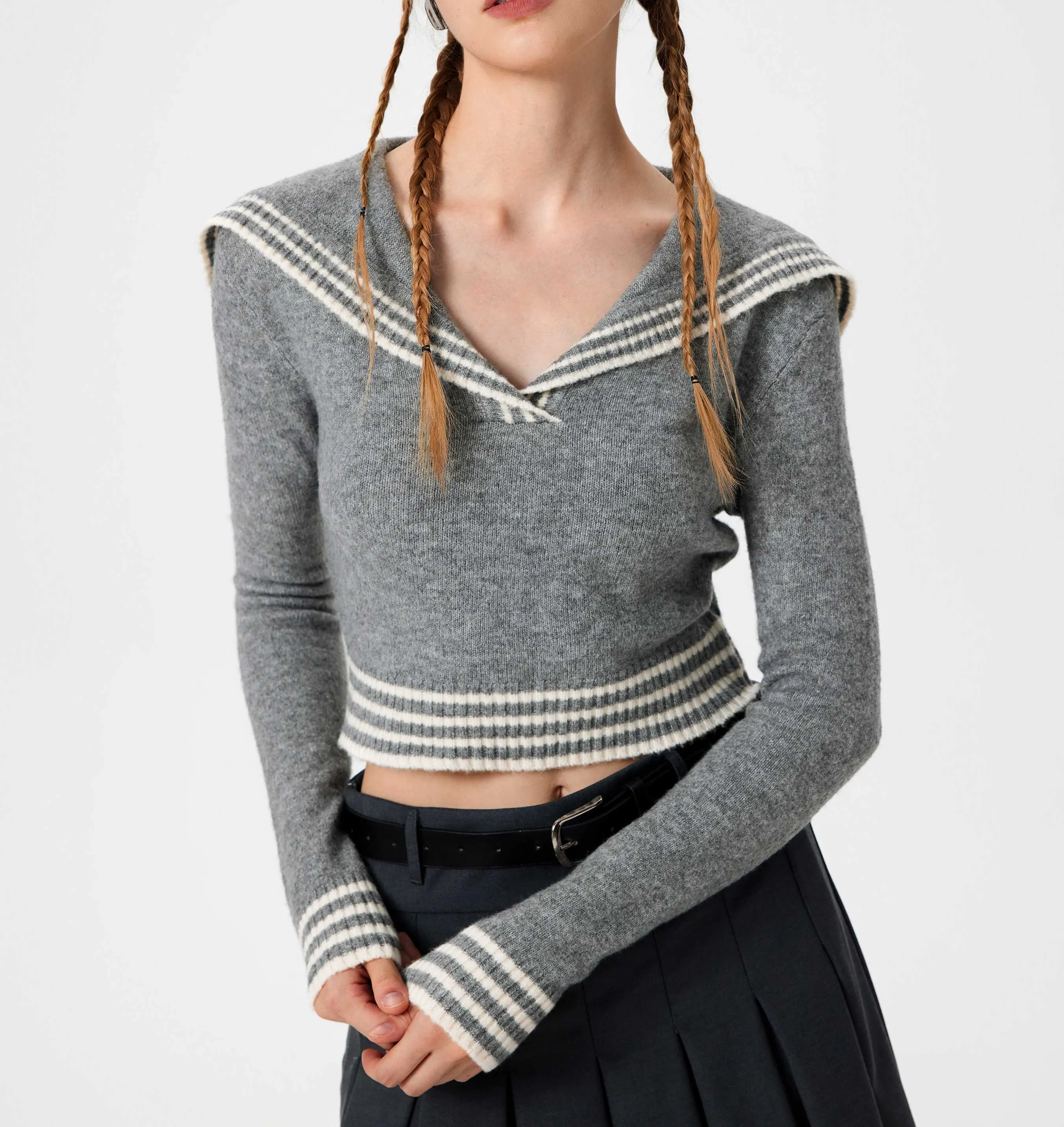 Cider  |Stripes Casual Style V-Neck Long Sleeves Cropped Tops