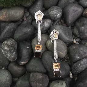 Citrine stud with White Zircon, White Topaz, Citrine, Smokey Quartz 'ART DECO' Twinset Earrings