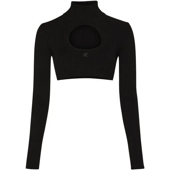 Courreges  |Casual Style Rib Long Sleeves Plain High-Neck Logo