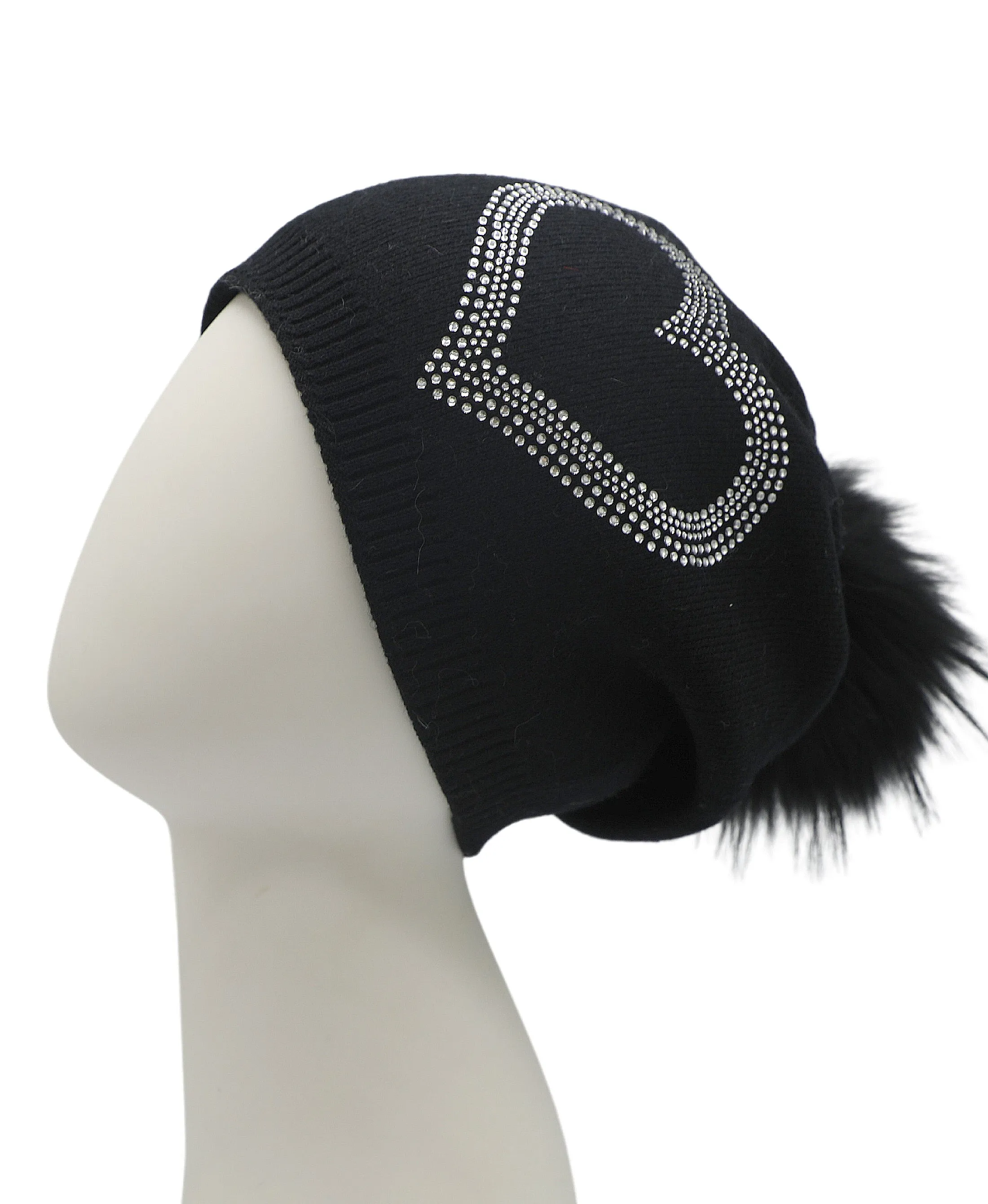 Crystal Heart Knit Slouch Hat w/ Fur Pom