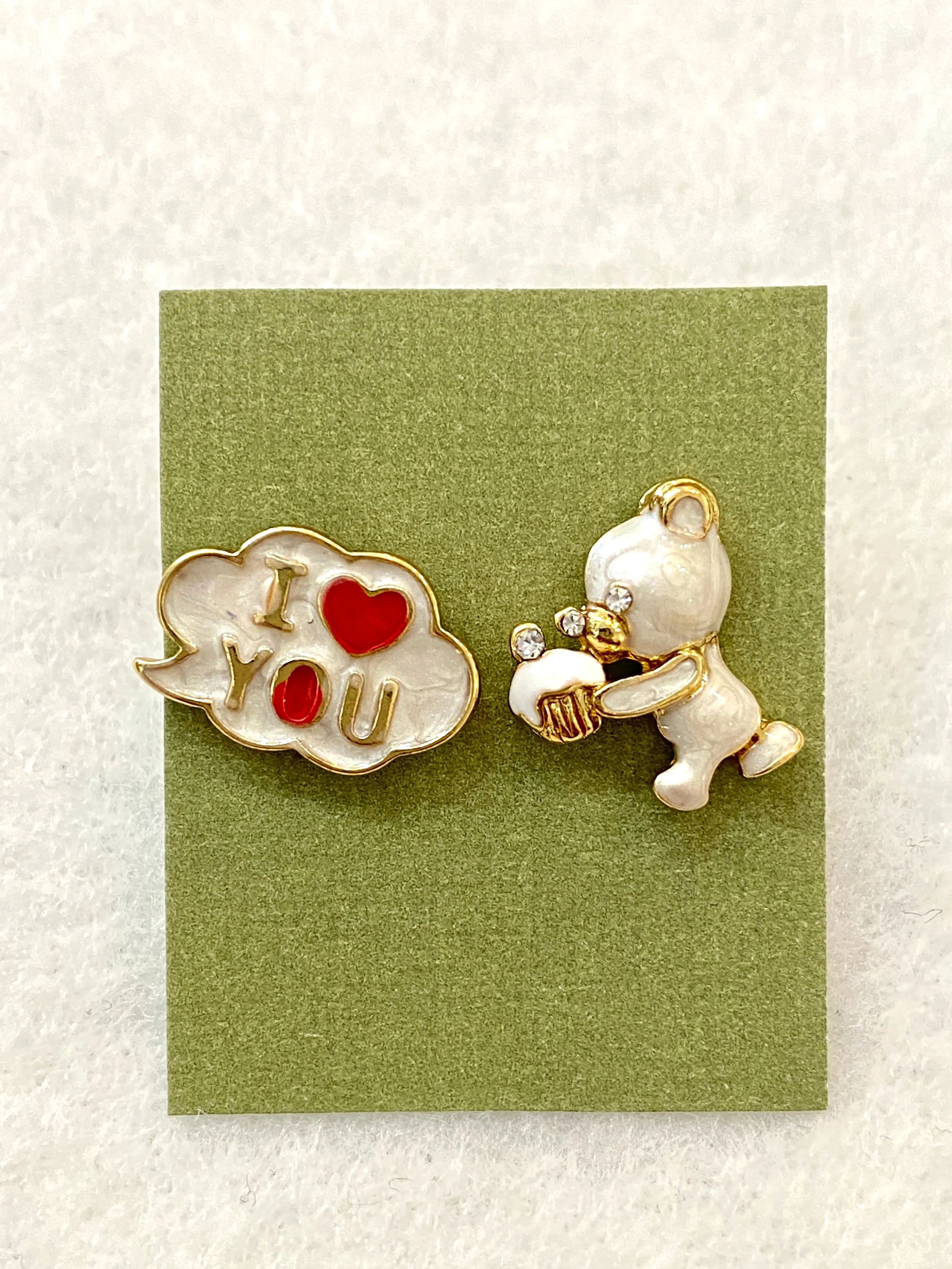 Cute Mismatched I Love You and Bear Cake Enamel Earrings