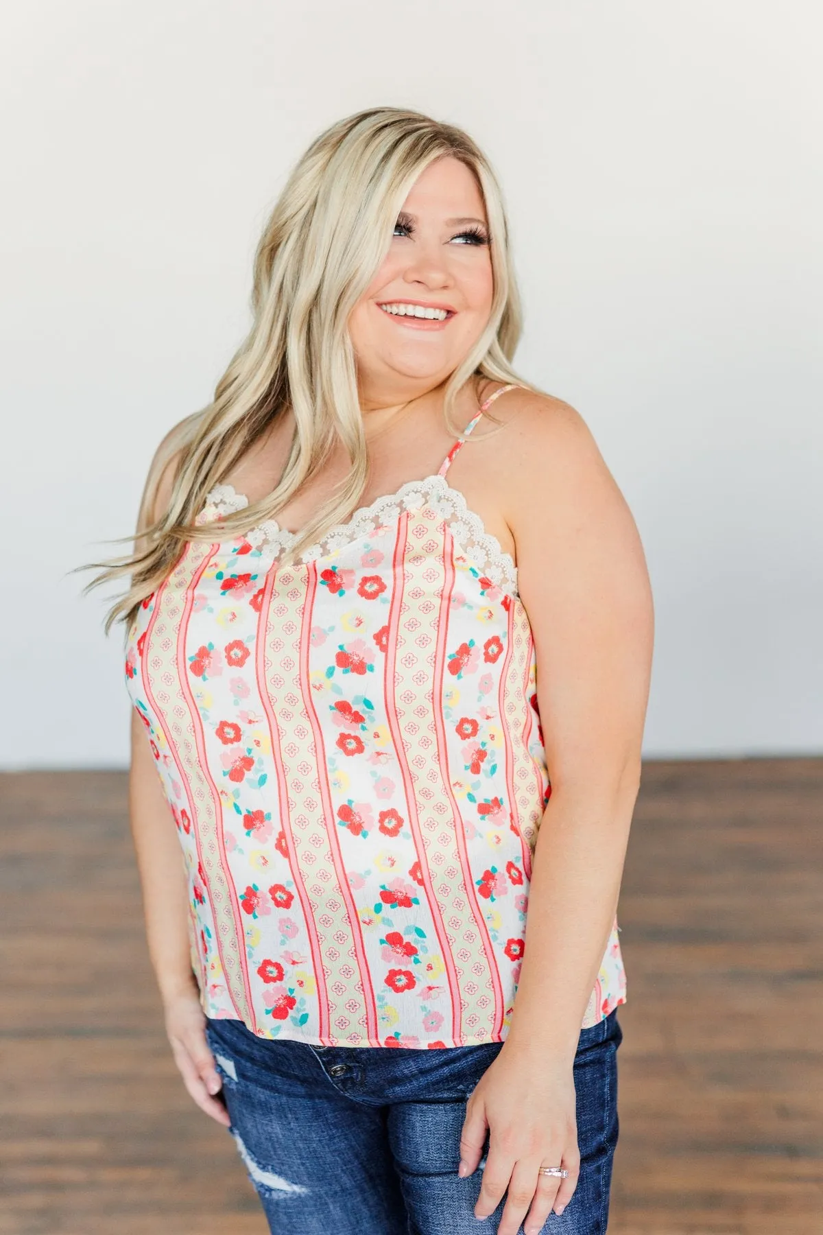 Dancing Through The Dandelions Floral Tank- Ivory, Coral, & Yellow