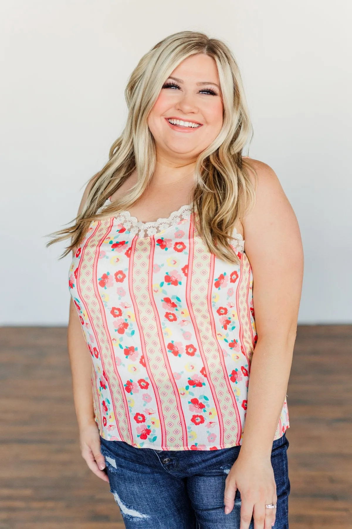 Dancing Through The Dandelions Floral Tank- Ivory, Coral, & Yellow