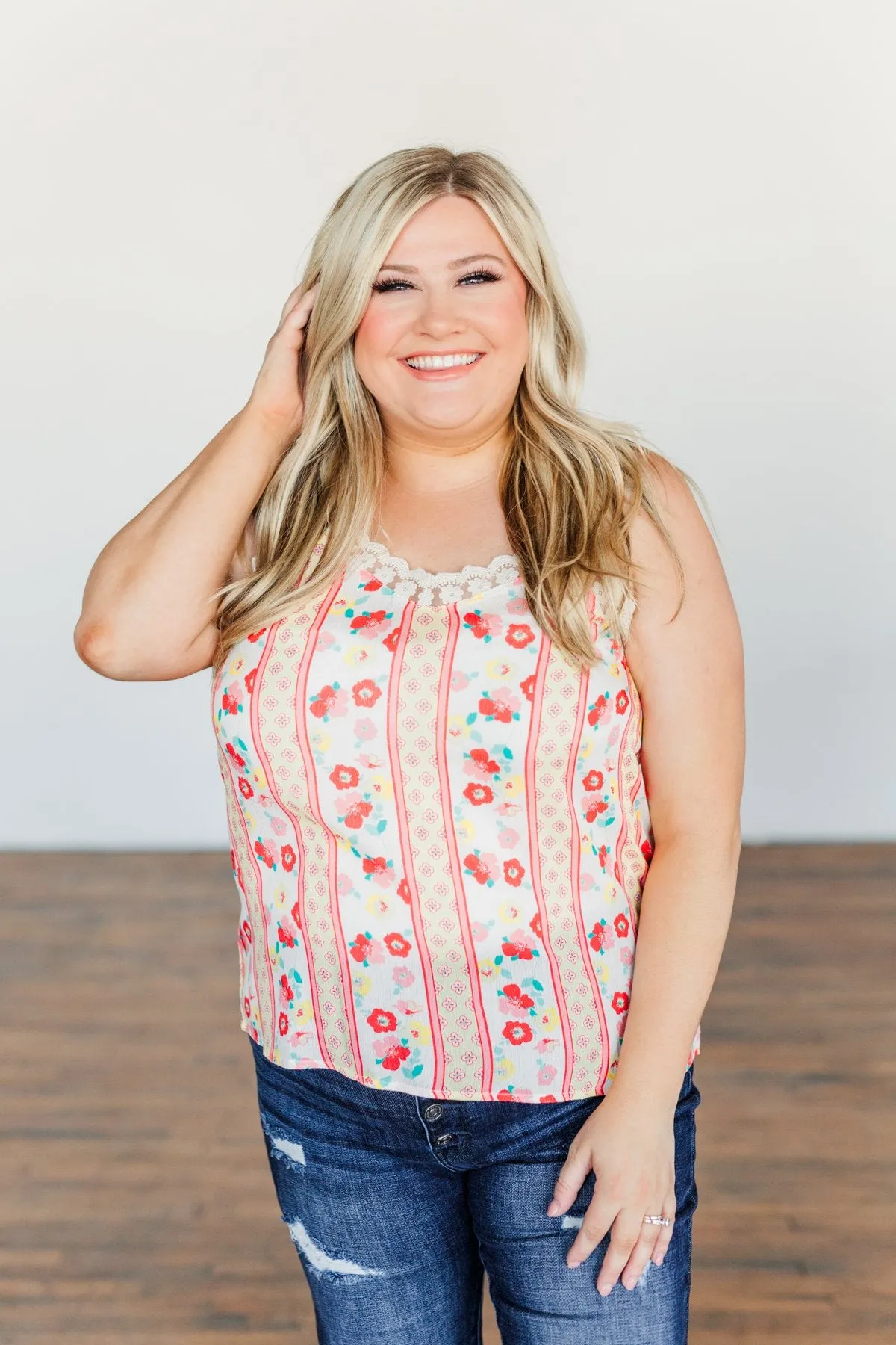 Dancing Through The Dandelions Floral Tank- Ivory, Coral, & Yellow