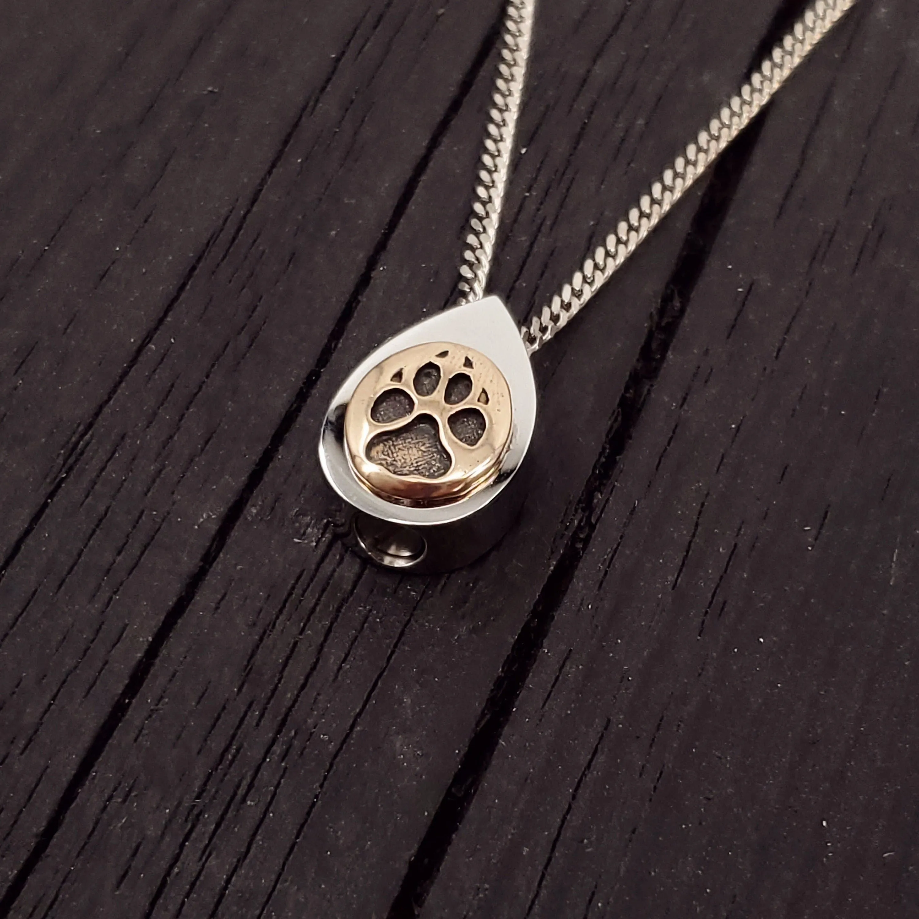 Dog Paw Print Tear Drop Cremation Ash Urn Necklace - Sold Bronze on Stainless Steel - Custom Engraved Personalised Mourning Pet 