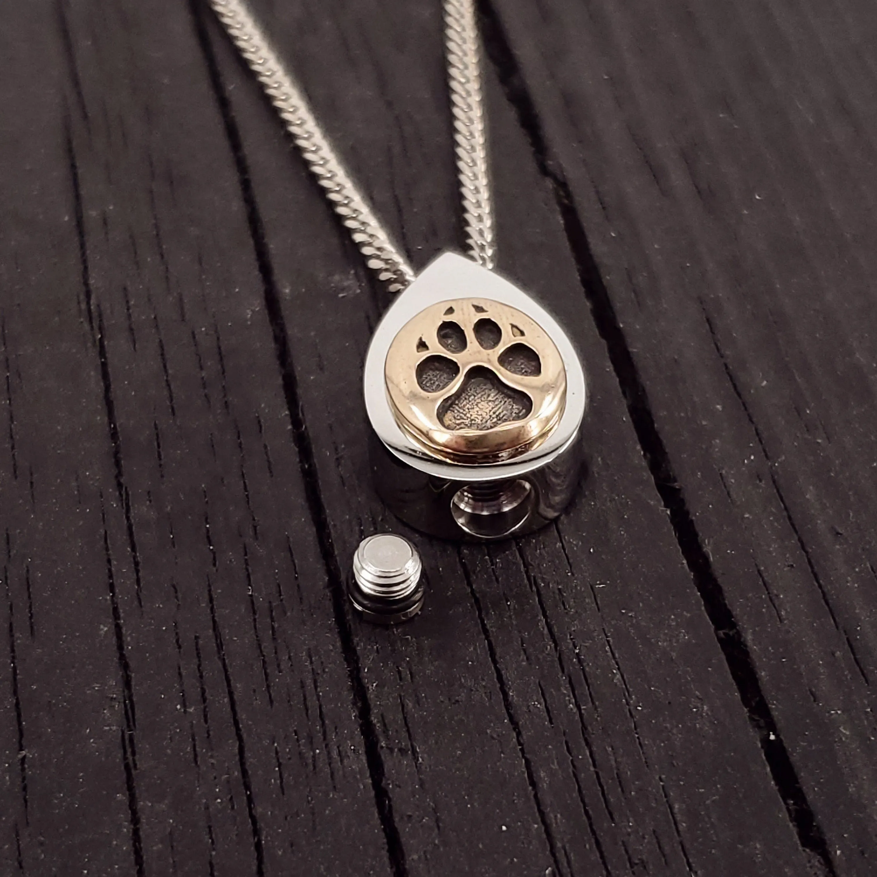 Dog Paw Print Tear Drop Cremation Ash Urn Necklace - Sold Bronze on Stainless Steel - Custom Engraved Personalised Mourning Pet 