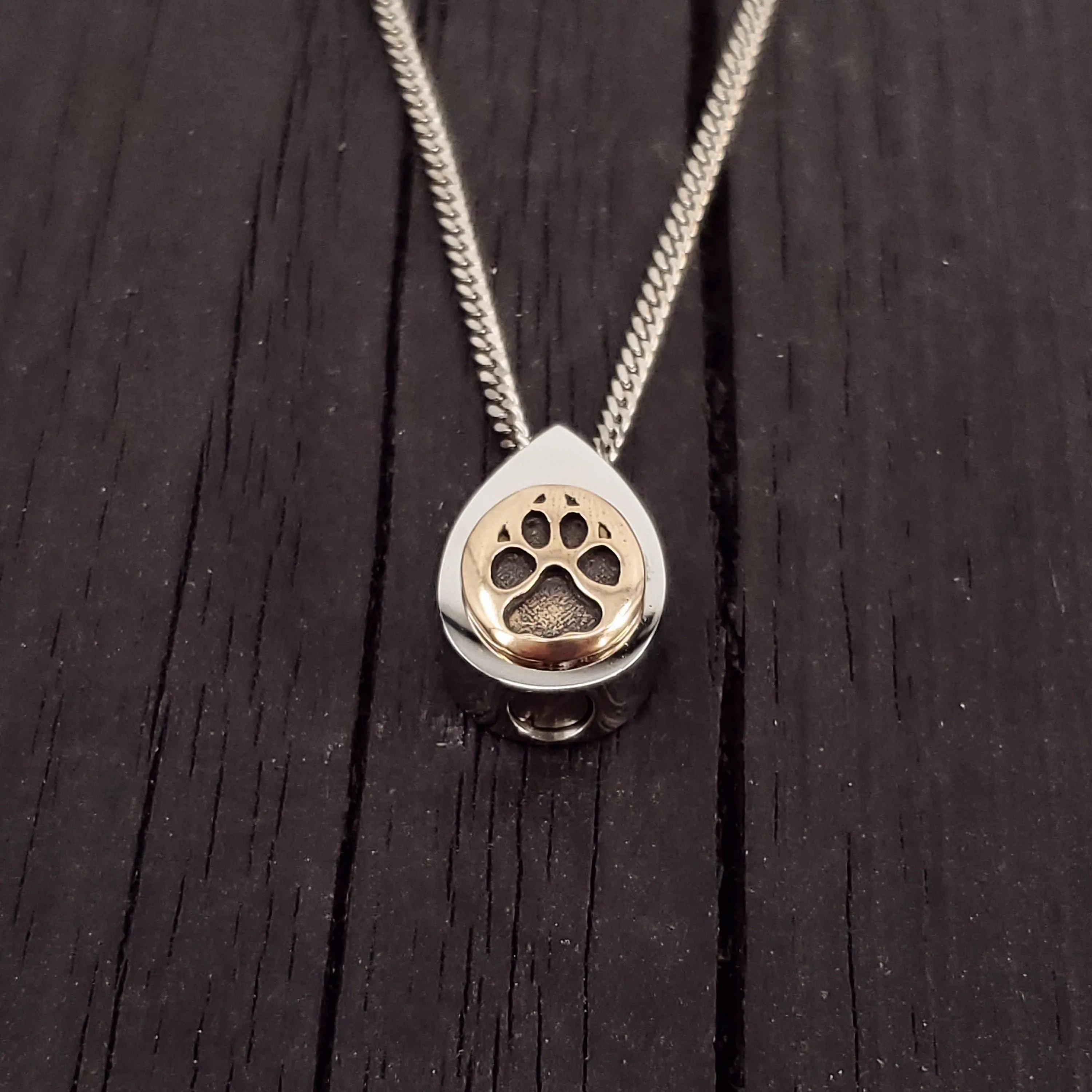 Dog Paw Print Tear Drop Cremation Ash Urn Necklace - Sold Bronze on Stainless Steel - Custom Engraved Personalised Mourning Pet 