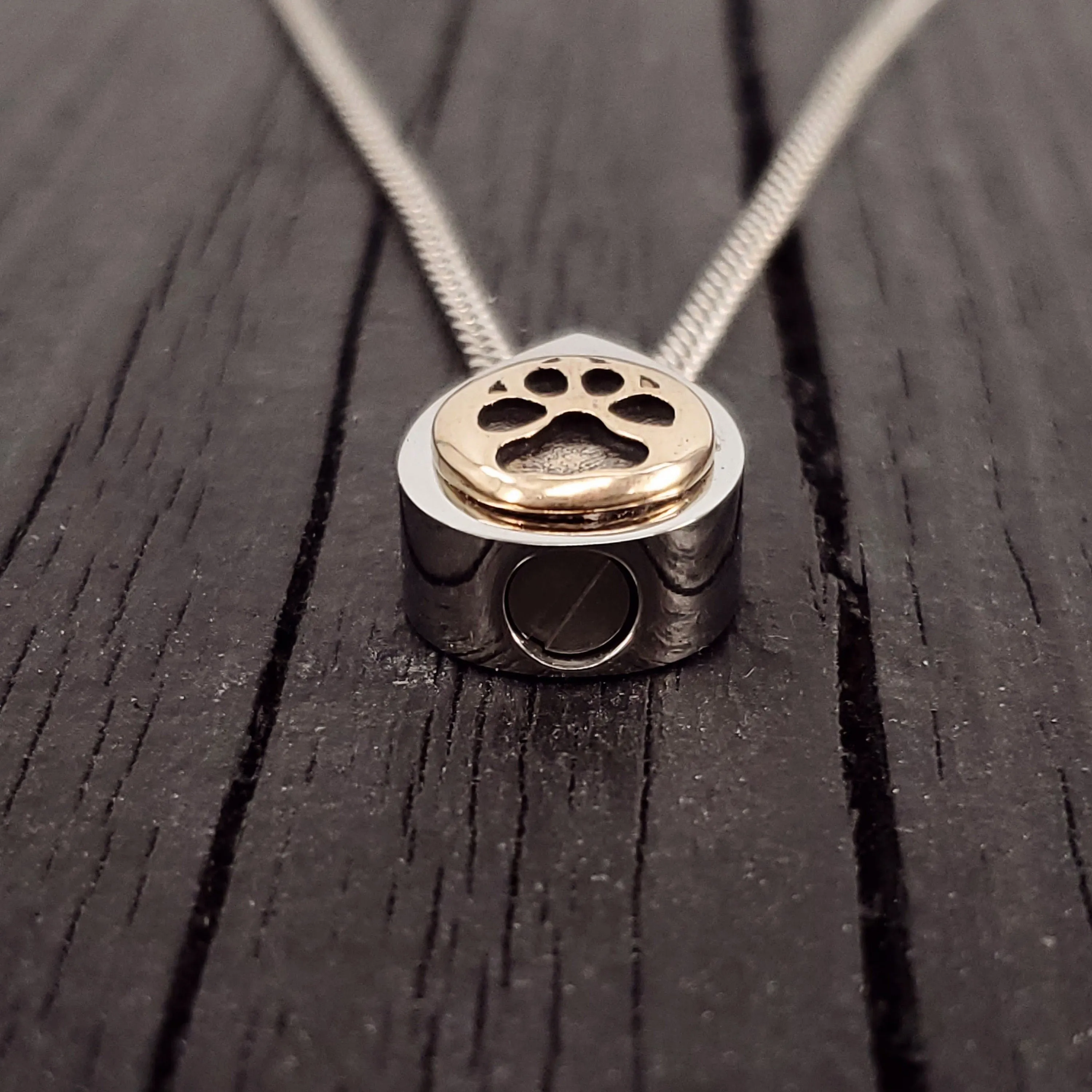 Dog Paw Print Tear Drop Cremation Ash Urn Necklace - Sold Bronze on Stainless Steel - Custom Engraved Personalised Mourning Pet 