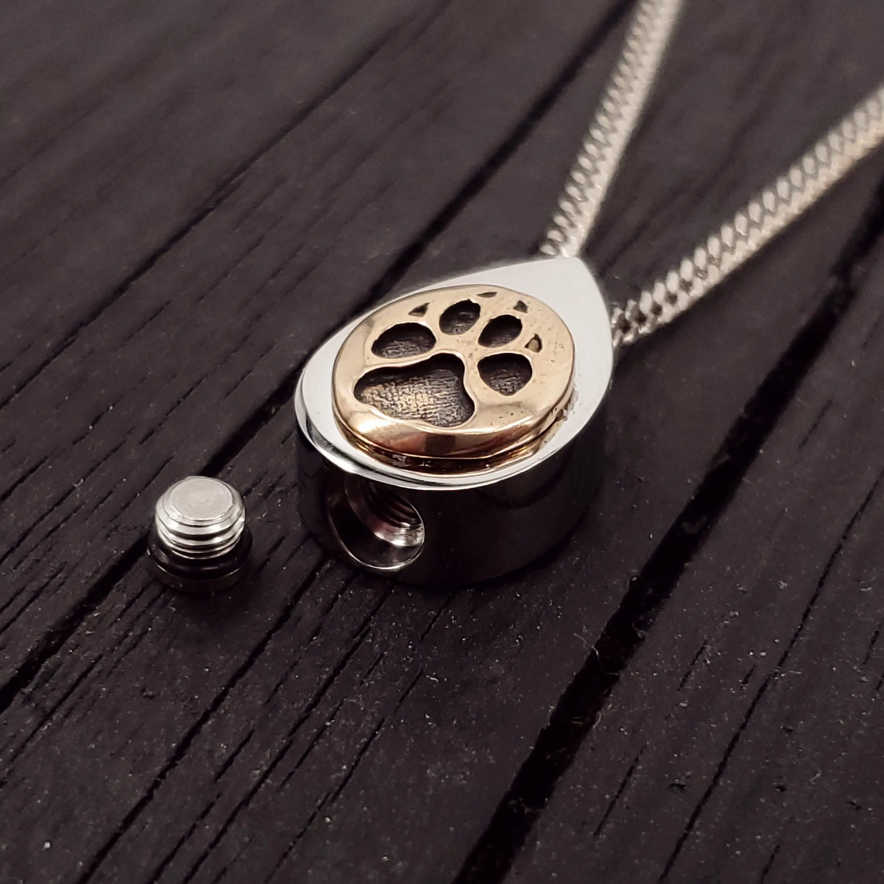 Dog Paw Print Tear Drop Cremation Ash Urn Necklace - Sold Bronze on Stainless Steel - Custom Engraved Personalised Mourning Pet 