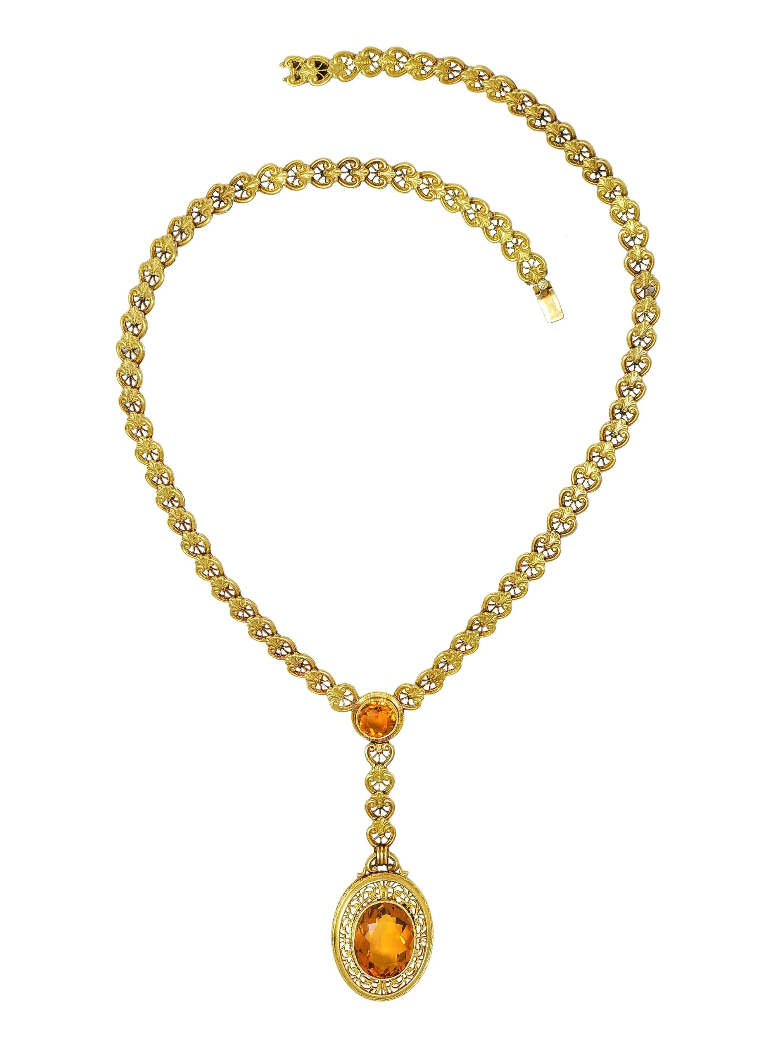 Early Art Deco Bippart & Co. Citrine 14 Karat Yellow Gold Lotus Antique Sautoir Drop Necklace