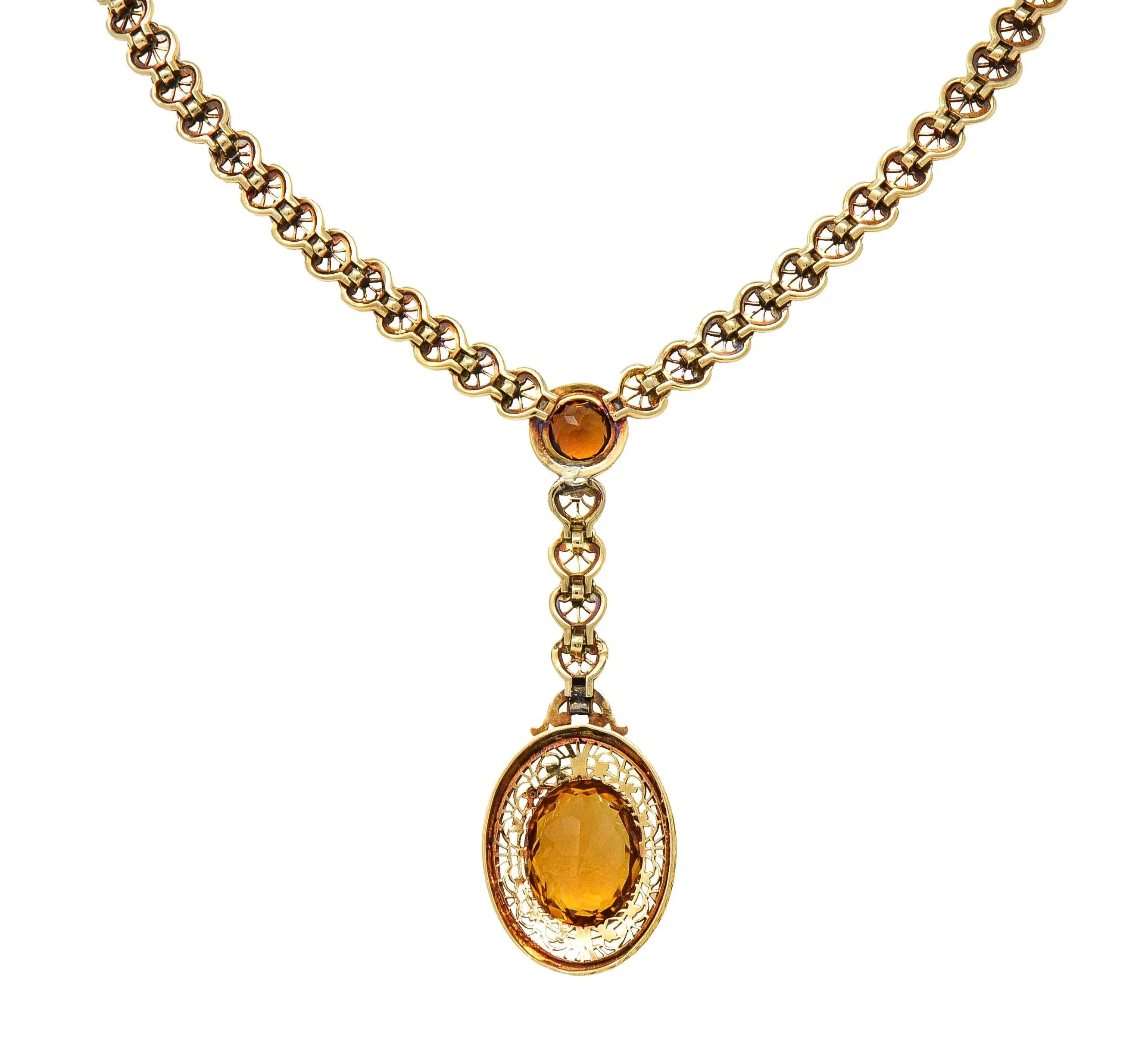 Early Art Deco Bippart & Co. Citrine 14 Karat Yellow Gold Lotus Antique Sautoir Drop Necklace