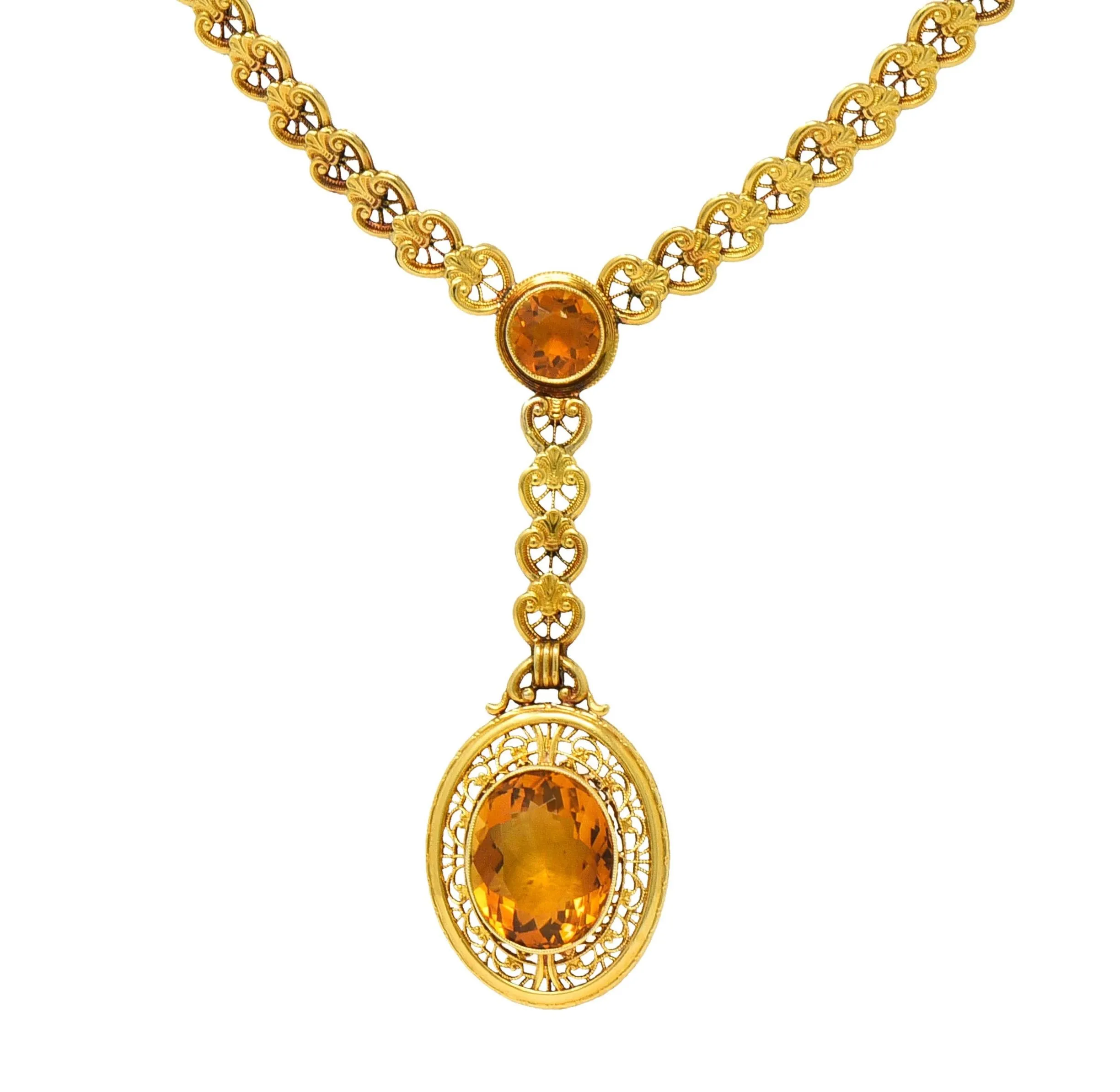 Early Art Deco Bippart & Co. Citrine 14 Karat Yellow Gold Lotus Antique Sautoir Drop Necklace