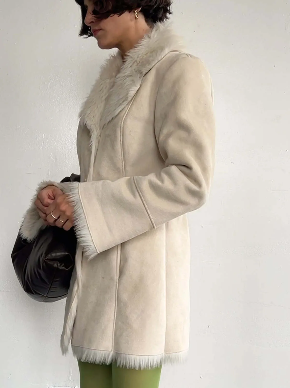 Faux Suede/Fur Coat - White