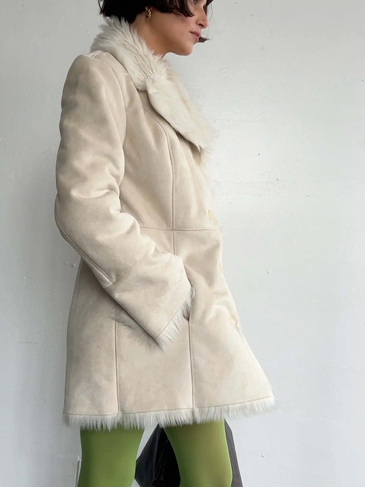 Faux Suede/Fur Coat - White