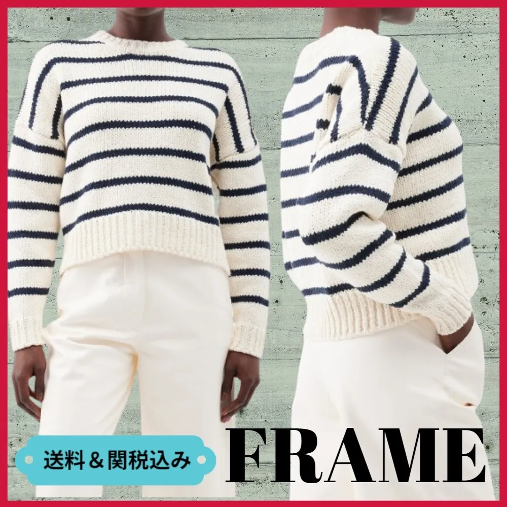 FRAME DENIM  |Crew Neck Stripes Unisex Street Style Long Sleeves Cotton