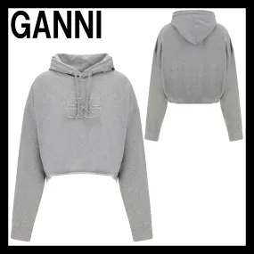 Ganni  |Street Style Long Sleeves Plain Cotton Logo Cropped Tops